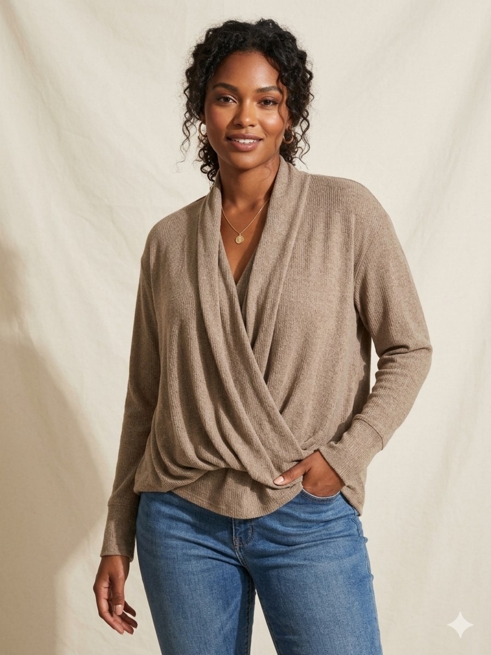NWT Veronica M Taupe Surplice V-Neck Drape Sweater XL P2p21 L25